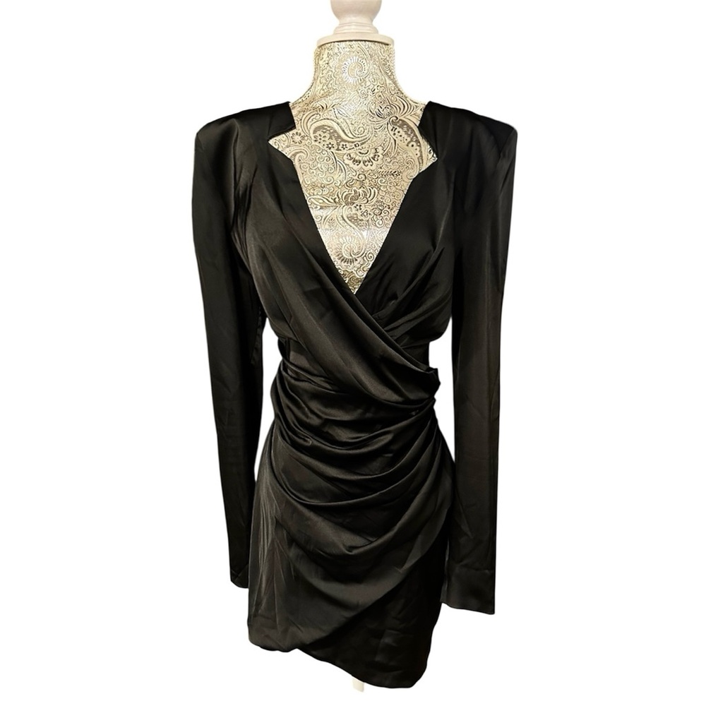 House of CB Stretch Satin Black LBD Tuxedo Long Sleeve Cocktail Dress Size L
